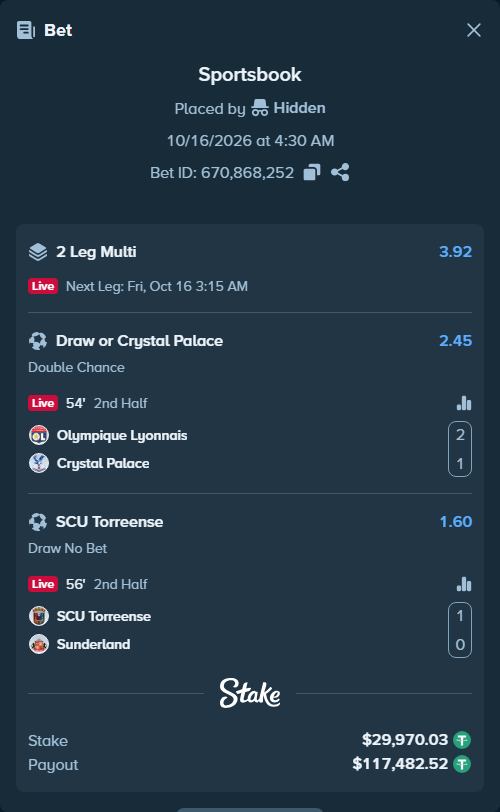 Bet slip: Olympique Lyonnais - Crystal Palace, $30,000.00 stake at 2.45 odds, placed by Hidden