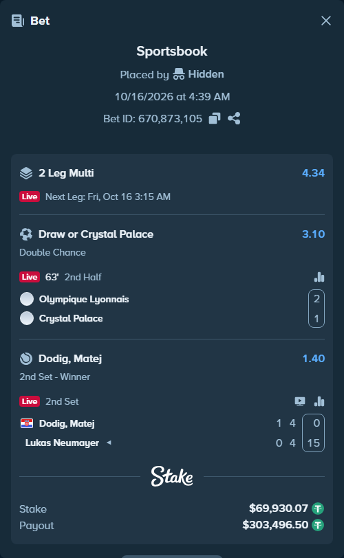 Bet slip: Olympique Lyonnais - Crystal Palace, $70,000.00 stake at 3.10 odds, placed by Hidden