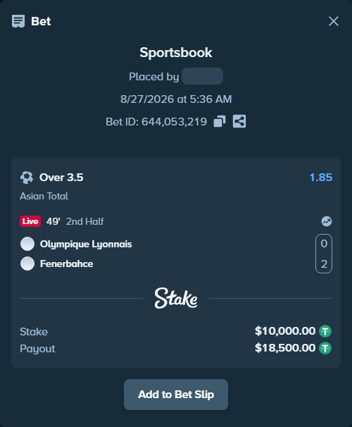 Bet slip: Olympique Lyonnais - Fenerbahce Istanbul, $10,000.00 stake at 1.85 odds, placed by mardinli55