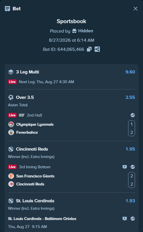 Bet slip: Olympique Lyonnais - Fenerbahce Istanbul, $100,000.00 stake at 2.55 odds, placed by Hidden