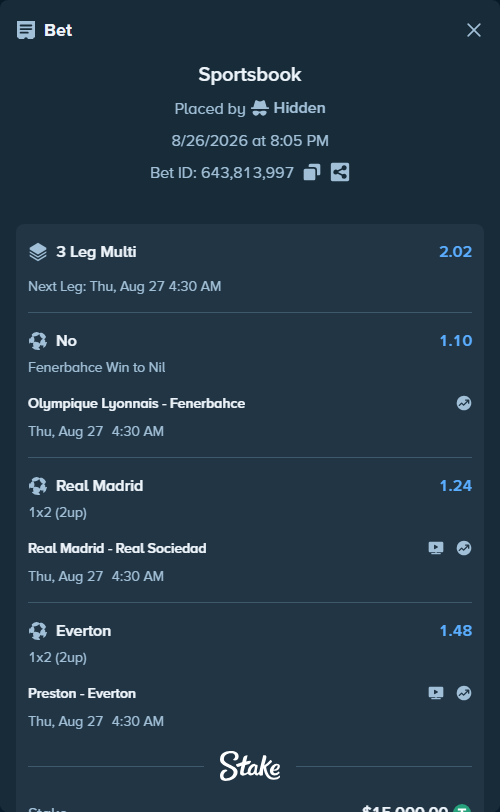 Bet slip: Olympique Lyonnais - Fenerbahce Istanbul, $15,000.00 stake at 1.10 odds, placed by Hidden