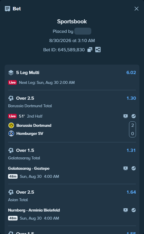 Bet slip: Olympique Lyonnais - Le Havre, $10,000.00 stake at 1.55 odds, placed by Kaidou827