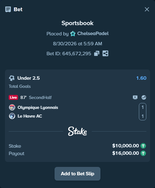 Bet slip: Olympique Lyonnais - Le Havre, $10,000.00 stake at 1.60 odds, placed by ChelseaPadel
