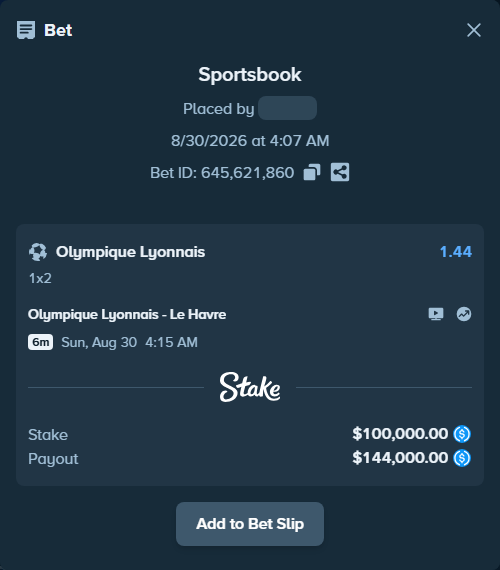 Bet slip: Olympique Lyonnais - Le Havre, $100,000.00 stake at 1.44 odds, placed by Hasse5