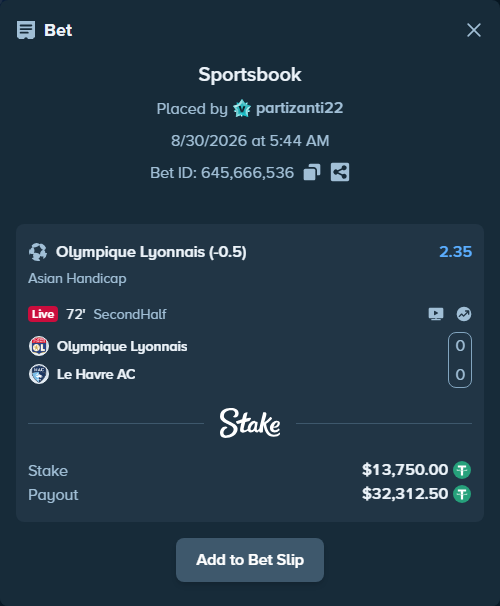 Bet slip: Olympique Lyonnais - Le Havre, $13,750.00 stake at 2.35 odds, placed by partizanti22