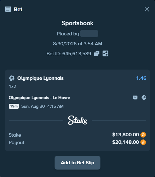 Bet slip: Olympique Lyonnais - Le Havre, $13,790.28 stake at 1.46 odds, placed by Hallfkh