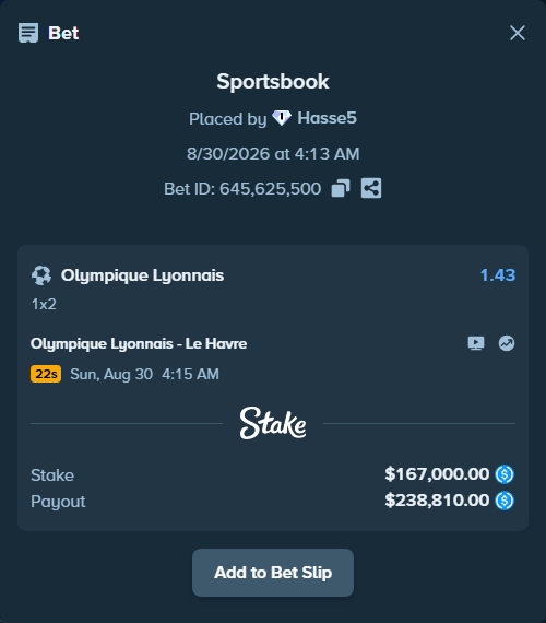 Bet slip: Olympique Lyonnais - Le Havre, $167,000.00 stake at 1.43 odds, placed by Hasse5