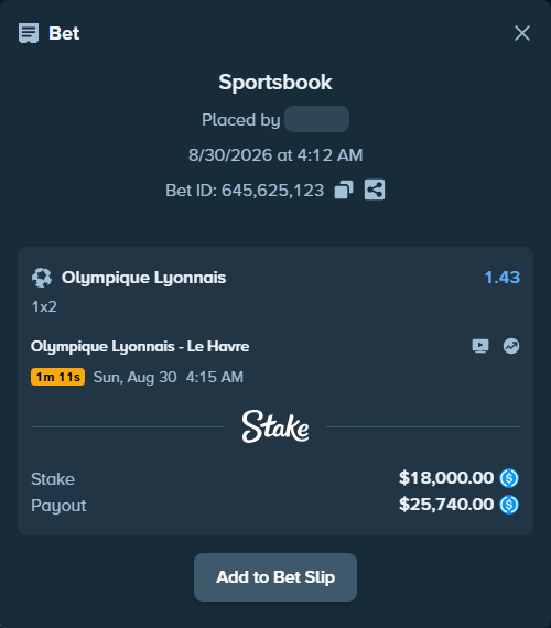 Bet slip: Olympique Lyonnais - Le Havre, $18,000.00 stake at 1.43 odds, placed by pering3