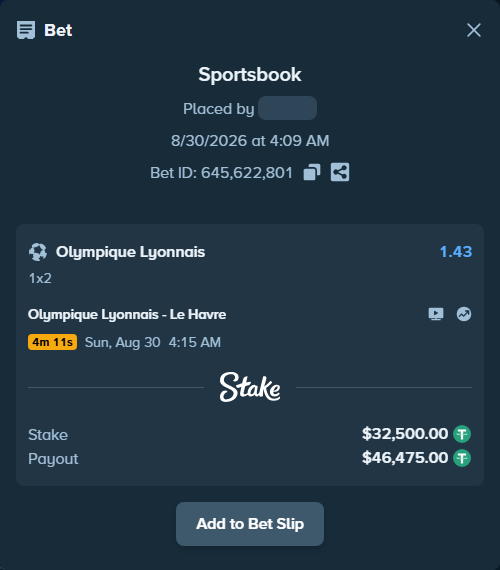 Bet slip: Olympique Lyonnais - Le Havre, $32,500.00 stake at 1.43 odds, placed by floutp451