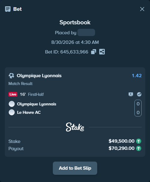 Bet slip: Olympique Lyonnais - Le Havre, $49,500.00 stake at 1.42 odds, placed by partizanti22