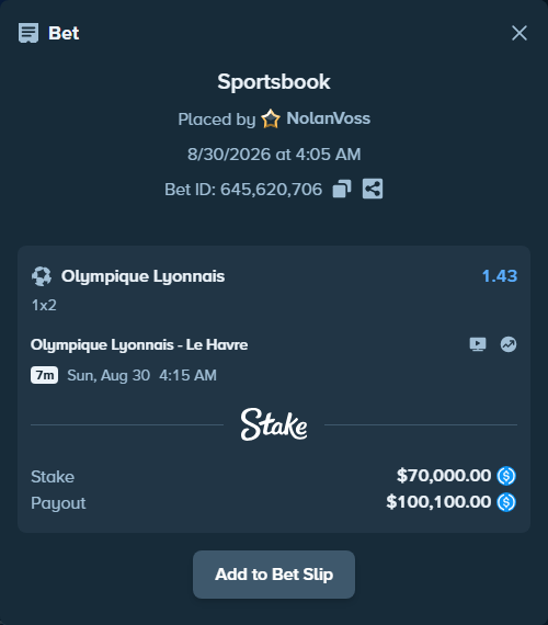Bet slip: Olympique Lyonnais - Le Havre, $70,000.00 stake at 1.43 odds, placed by NolanVoss
