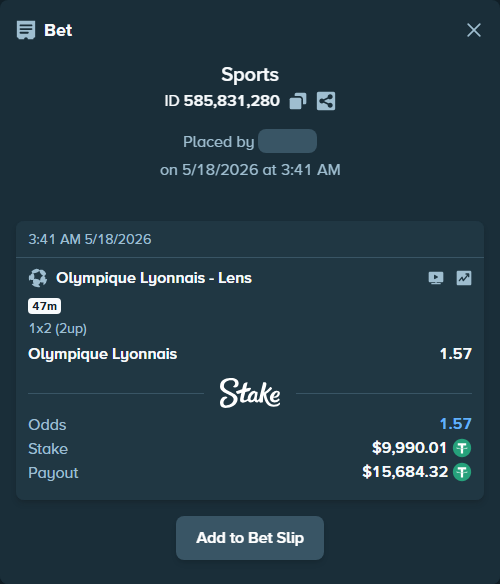 Bet slip: Olympique Lyonnais - Lens, $10,000.00 stake at 1.57 odds, placed by Host97