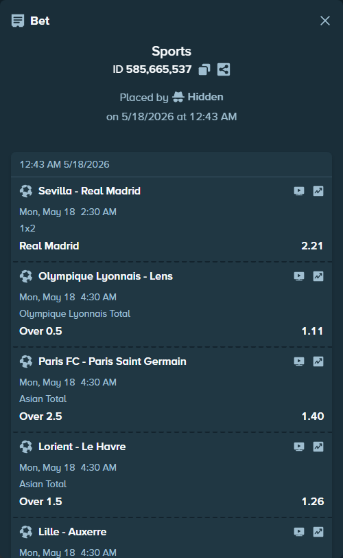 Bet slip: Olympique Lyonnais - Lens, $11,291.00 stake at 1.11 odds, placed by Hidden