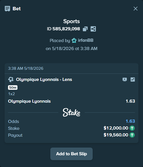 Bet slip: Olympique Lyonnais - Lens, $12,012.00 stake at 1.63 odds, placed by irfanBB