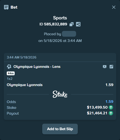 Bet slip: Olympique Lyonnais - Lens, $13,513.00 stake at 1.59 odds, placed by caob99