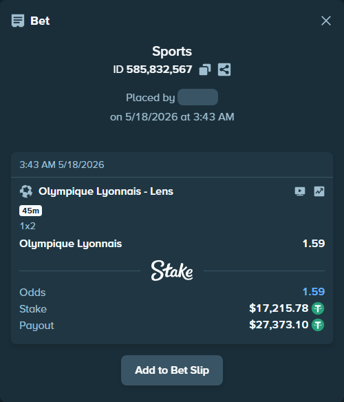 Bet slip: Olympique Lyonnais - Lens, $17,233.00 stake at 1.59 odds, placed by Host97