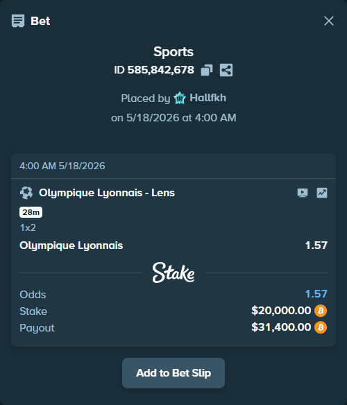 Bet slip: Olympique Lyonnais - Lens, $16,431.87 stake at 1.57 odds, placed by Hallfkh