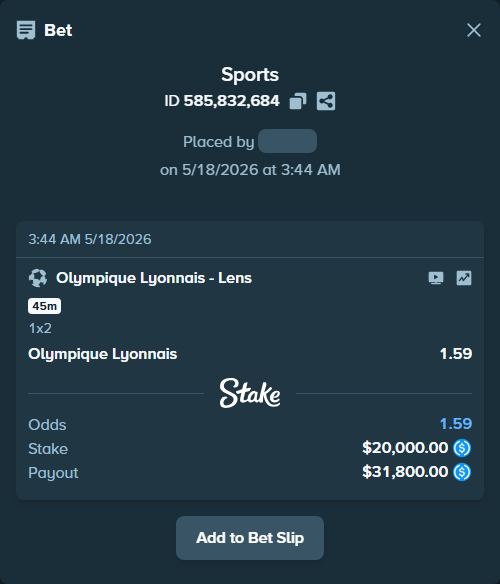 Bet slip: Olympique Lyonnais - Lens, $20,000.00 stake at 1.59 odds, placed by marbad2