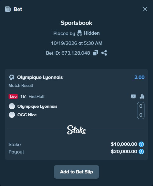 Bet slip: Olympique Lyonnais - Nice, $10,000.00 stake at 2.00 odds, placed by MrBigMG