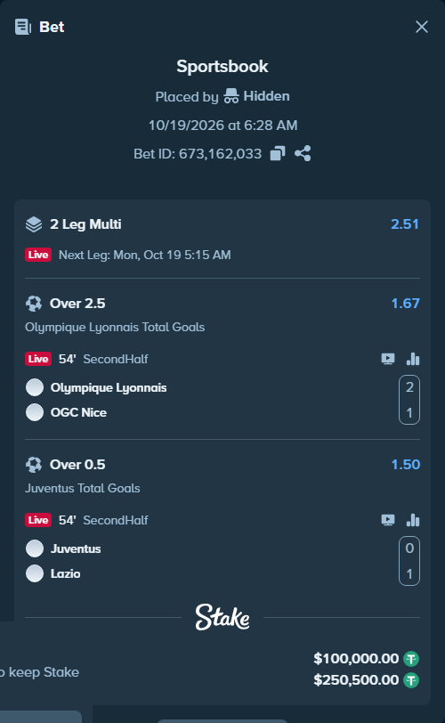 Bet slip: Olympique Lyonnais - Nice, $100,100.00 stake at 1.67 odds, placed by Hidden