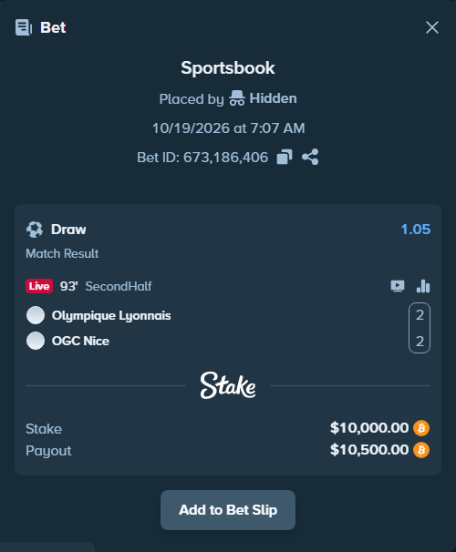 Bet slip: Olympique Lyonnais - Nice, $10,107.14 stake at 1.05 odds, placed by Hallfkh