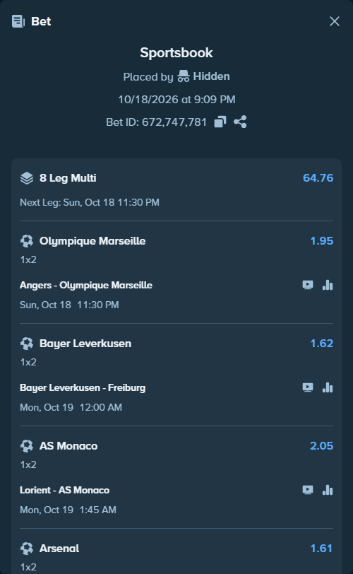 Bet slip: Olympique Lyonnais - Nice, $50,000.00 stake at 1.87 odds, placed by Hidden
