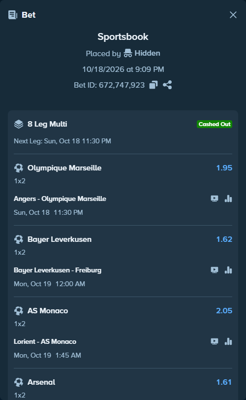 Bet slip: Olympique Lyonnais - Nice, $50,000.00 stake at 1.87 odds, placed by Hidden