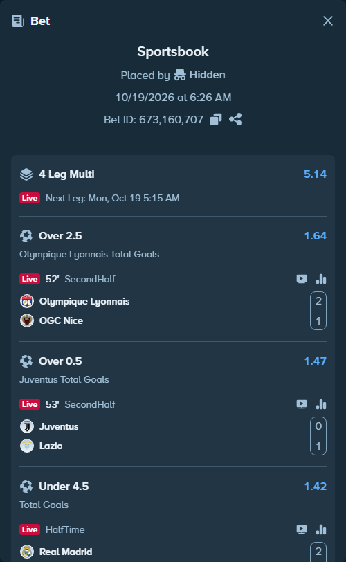 Bet slip: Olympique Lyonnais - Nice, $82,335.25 stake at 1.64 odds, placed by Hidden