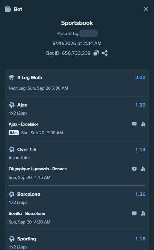 Bet slip: Olympique Lyonnais - Rennes, $10,001.60 stake at 1.14 odds, placed by LATERAL007