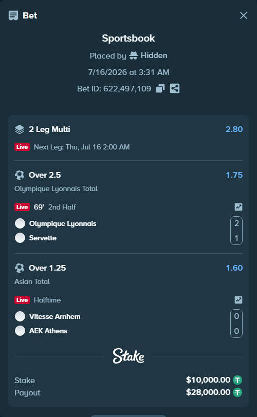 Bet slip: Olympique Lyonnais - Servette, $10,010.00 stake at 1.75 odds, placed by Hidden