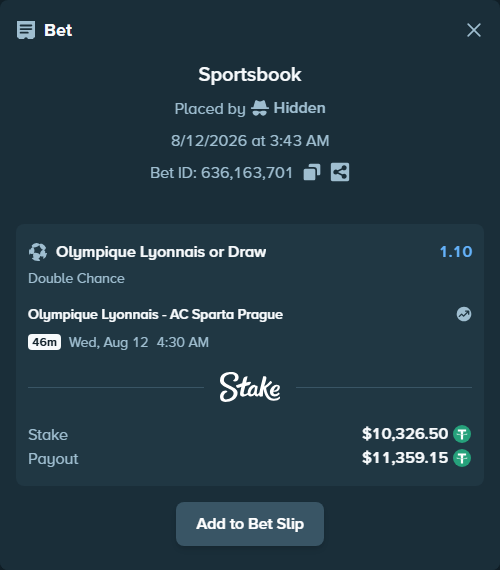 Bet slip: Olympique Lyonnais - Sparta Prague, $10,336.83 stake at 1.10 odds, placed by Hidden