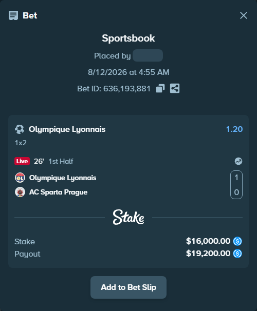 Bet slip: Olympique Lyonnais - Sparta Prague, $16,000.00 stake at 1.20 odds, placed by Duretil05