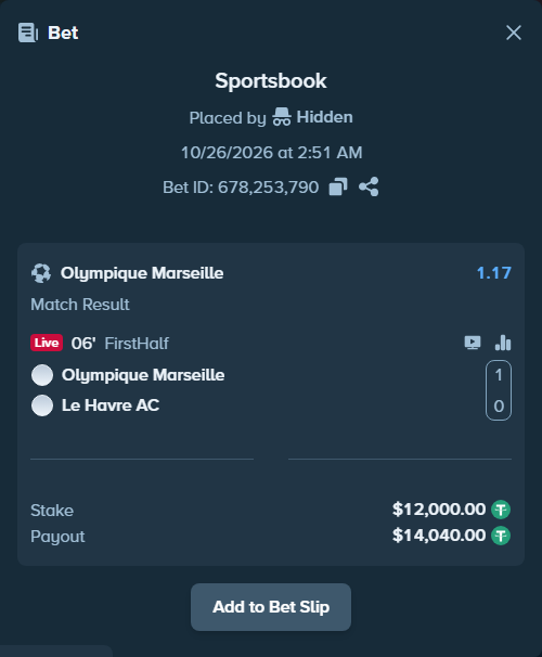 Bet slip: Olympique Marseille - Le Havre, $12,012.00 stake at 1.17 odds, placed by Akli00