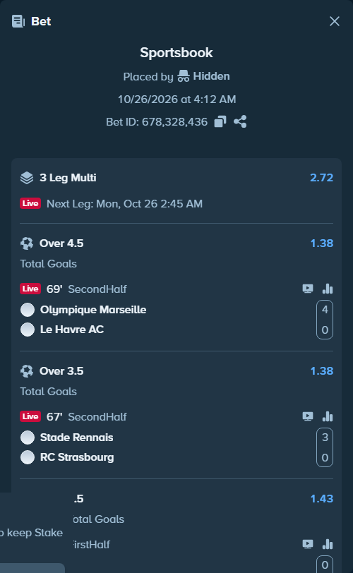 Bet slip: Olympique Marseille - Le Havre, $255,864.61 stake at 1.38 odds, placed by Hidden