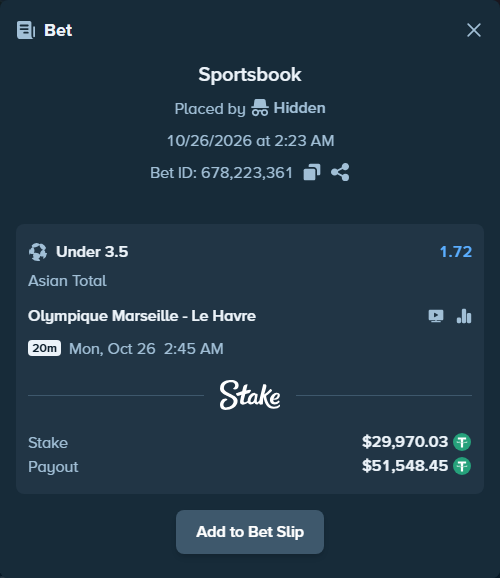 Bet slip: Olympique Marseille - Le Havre, $30,000.00 stake at 1.72 odds, placed by Hidden