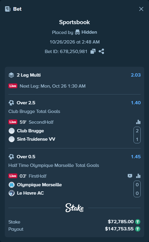 Bet slip: Olympique Marseille - Le Havre, $72,857.78 stake at 1.45 odds, placed by Hidden