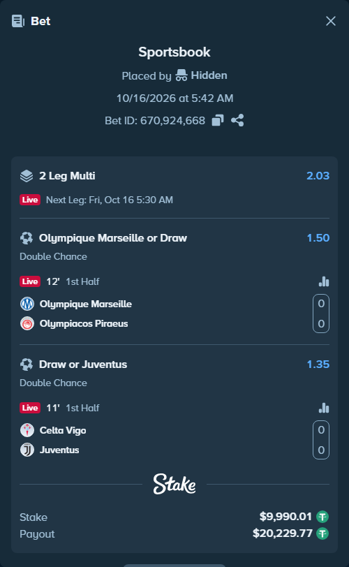 Bet slip: Olympique Marseille - Olympiacos Piraeus, $10,000.00 stake at 1.50 odds, placed by Hidden