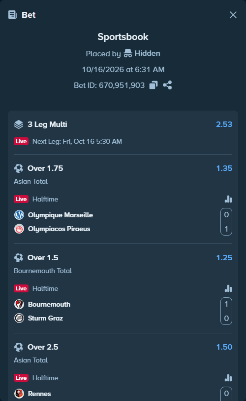 Bet slip: Olympique Marseille - Olympiacos Piraeus, $40,000.00 stake at 1.35 odds, placed by Hidden
