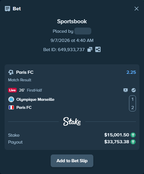 Bet slip: Olympique Marseille - Paris FC, $15,000.00 stake at 2.25 odds, placed by petterblom