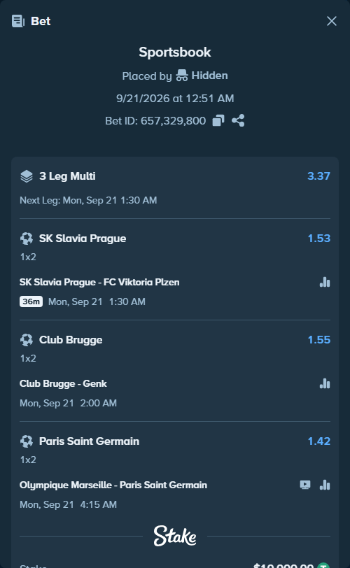 Bet slip: Olympique Marseille - Paris Saint Germain, $10,000.00 stake at 1.42 odds, placed by Hidden