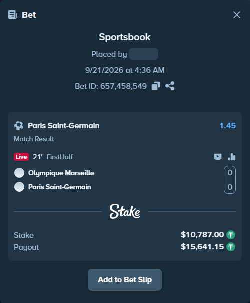 Bet slip: Olympique Marseille - Paris Saint Germain, $10,787.00 stake at 1.45 odds, placed by Ishaq191191
