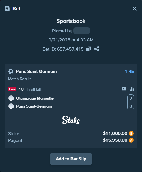 Bet slip: Olympique Marseille - Paris Saint Germain, $11,020.22 stake at 1.45 odds, placed by Covv87