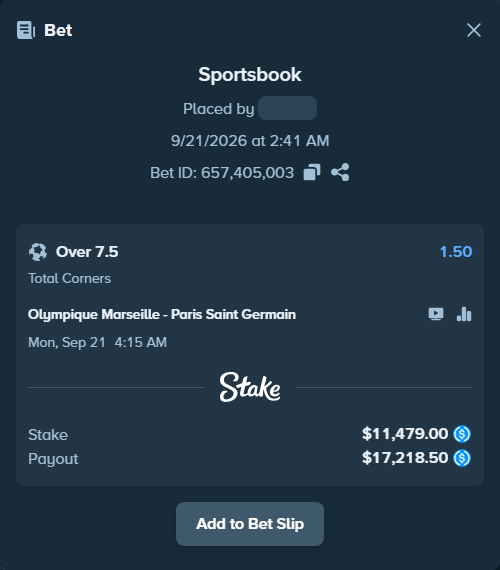 Bet slip: Olympique Marseille - Paris Saint Germain, $11,479.00 stake at 1.50 odds, placed by Adrenaline77
