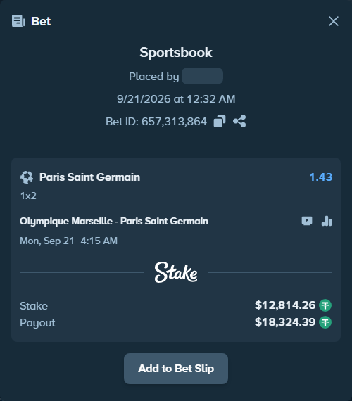 Bet slip: Olympique Marseille - Paris Saint Germain, $12,814.26 stake at 1.43 odds, placed by Samuelabraham1