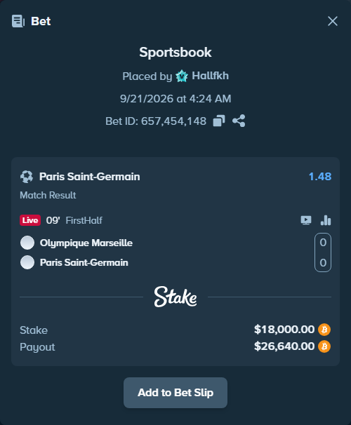 Bet slip: Olympique Marseille - Paris Saint Germain, $18,018.44 stake at 1.48 odds, placed by Hallfkh