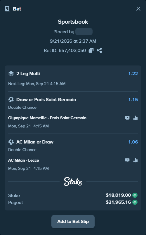 Bet slip: Olympique Marseille - Paris Saint Germain, $18,019.00 stake at 1.15 odds, placed by erigang0824