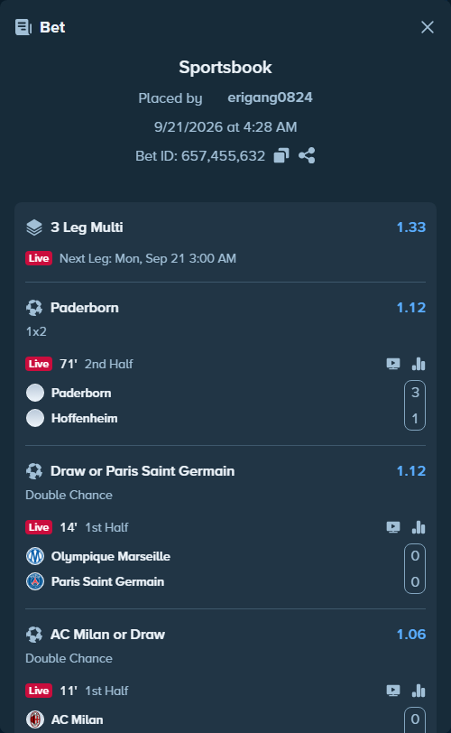 Bet slip: Olympique Marseille - Paris Saint Germain, $18,019.00 stake at 1.12 odds, placed by erigang0824