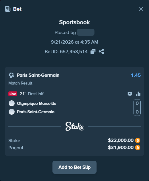Bet slip: Olympique Marseille - Paris Saint Germain, $22,040.43 stake at 1.45 odds, placed by Tonyj69