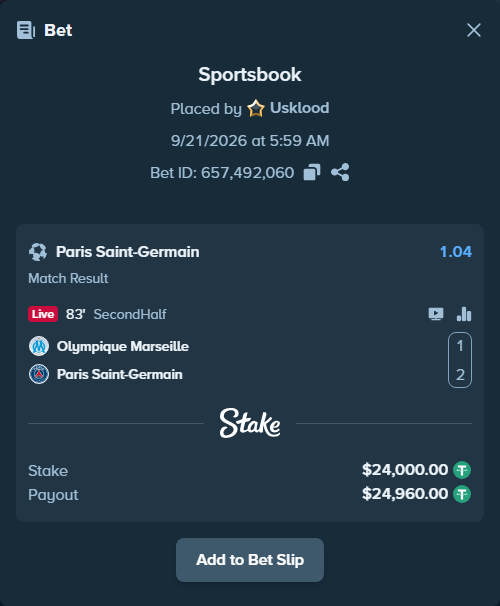 Bet slip: Olympique Marseille - Paris Saint Germain, $24,000.00 stake at 1.04 odds, placed by Usklood