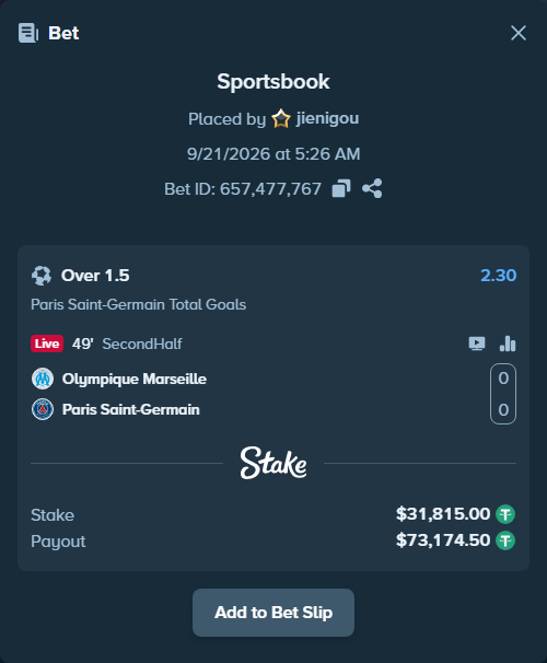 Bet slip: Olympique Marseille - Paris Saint Germain, $31,815.00 stake at 2.30 odds, placed by jienigou